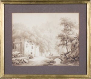 Moutaineous Landscape with a Bridge over a River, Signed, lower right.